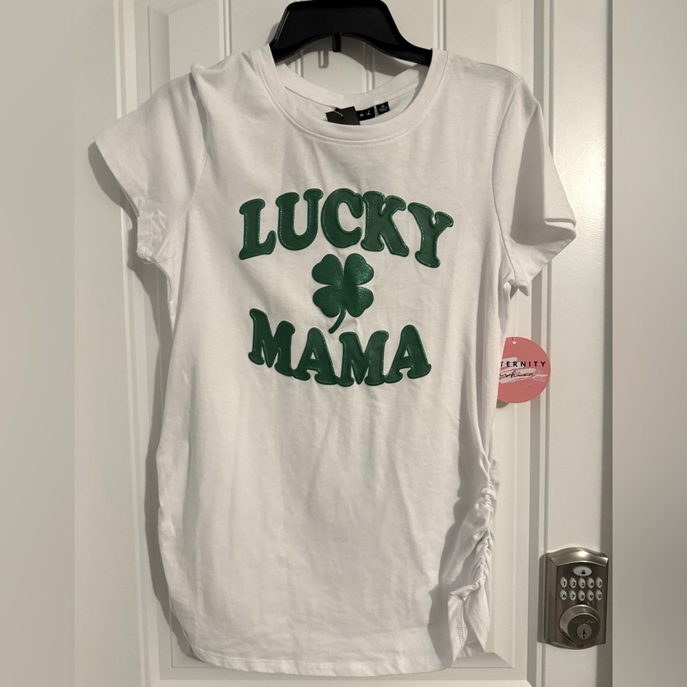 Adorable Joei & I size M white maternity lucky mama shamrock short sleeve shirt